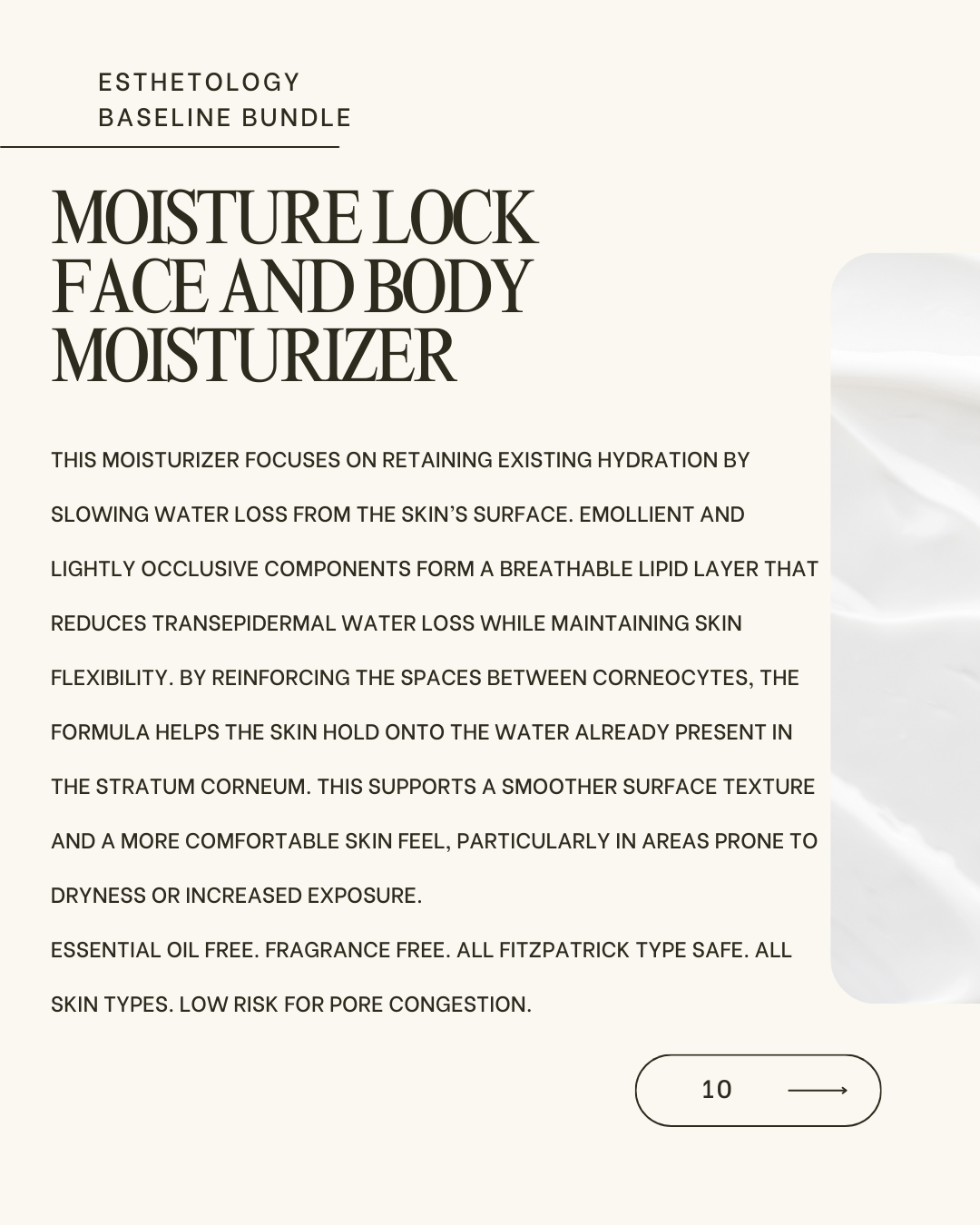 Product description for a moisture lock face and body moisturizer on a white background