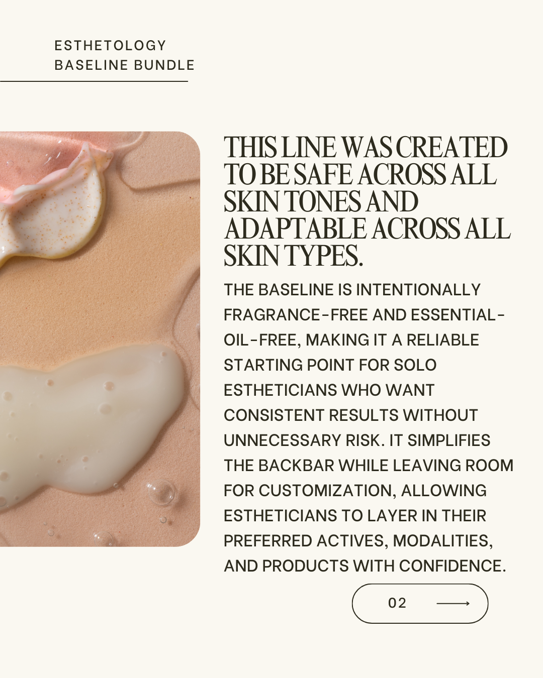 Product packaging with text about a skincare line's safety and adaptability across skin tones.